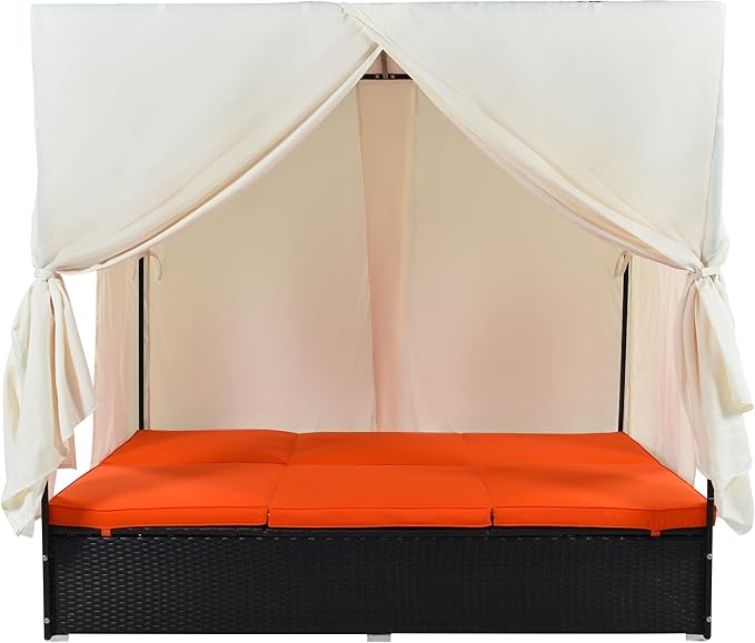 Patio Chaise Lounge, PE Rattan Outdoor Patio Wicker Sunbed Daybed with Adjustable Seats, Four-sided Canopy, Overhead Curtain and Orange Cushions for Backyard, Garden, Poolside (for 2-6 people)