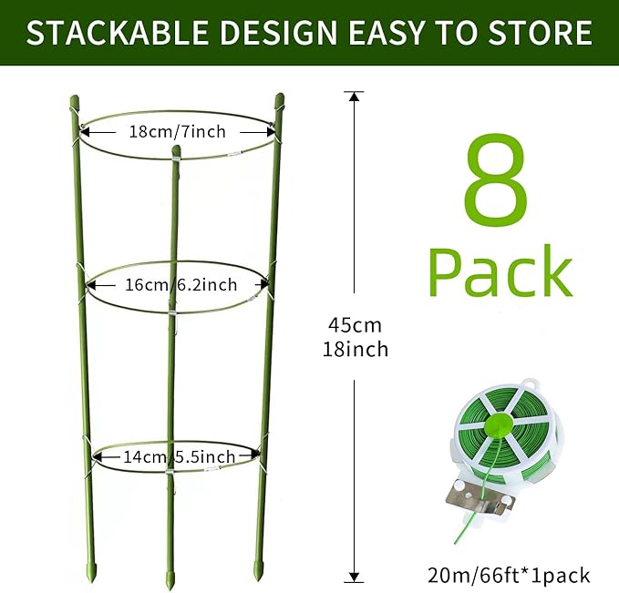 8 Pack Tomato Cage for Garden Plant Support, 18 inches Small Tomato Cages Tomato Trellis with Adjustable Rings, Plant Stakes for Peony Support, Tomato Stakes Rings for Climbing Plants