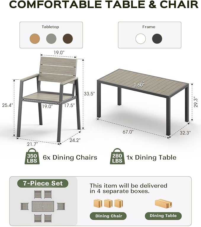 7-Piece Outdoor Dining Set, Aluminum Dining Table Set for 6, Patio Table and Chairs Set with Umbrella Hole, All Weather HDPS Outdoor Table and Chairs for 6 (Gray)