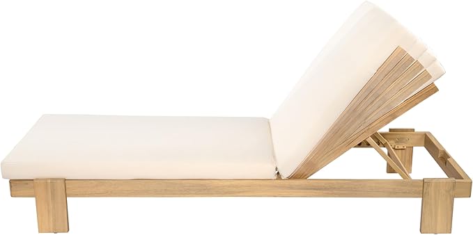 Christopher Knight Home Duska Acacia Wood Chaise Lounge Chair Set of 2, Patio Outdoor Chaise Lounge with Cushions, Adjustable Backrest Single Lounge Sofa, Garden Poolside Backyard Seating, Teak+Beige