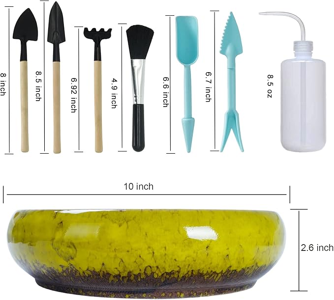 ARTKETTY Ceramic Succulent Planter, 10 inch with Stand, 2.2lb Lava Rock Pebbles, Planting Tools - Indoor Plants Planter, Yellow