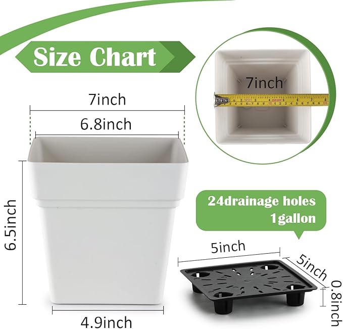 6-Pack 7 Inch Square Planters - Heavy Duty White Pots for Indoor Plants, Plastic Flower Pots with Built-in Drainage Tray & Stopper, Matte Modern Garden Planter, BPA-Free for Herbs & Succulents