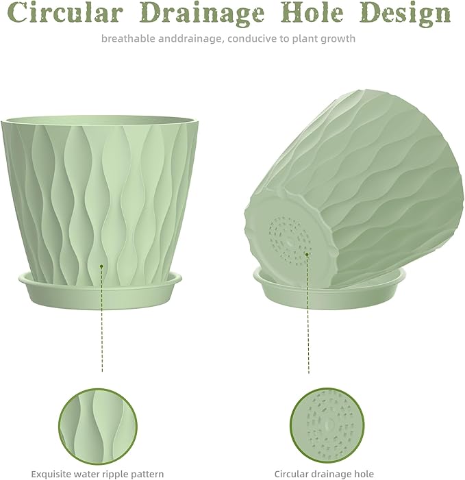 4 Inch Plant Pots, 6 Pack Indoor Flower Pots, Planters with Drainage Holes and Trays for Orchids, Violets, Succulents, Herbs, and Other Plants,Green