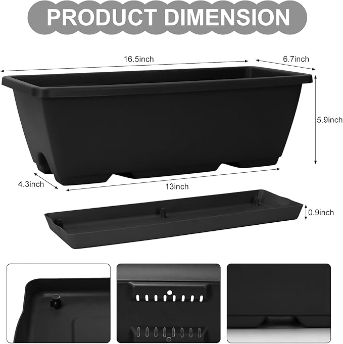 Window Box Planter, 6 Packs 17 Inches Rectangle Planters Box with Drainage Holes and Trays, Vegetable Planters for Windowsill Patio Garden Home Decor Porch Yard Dark Gray