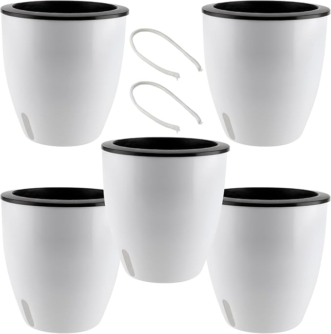 5 Pack 7 Inch Self Watering Plant Pots, White Plastic Self Watering Flower Pots with Visual Water Level Window, Self Watering Planter for Indoor Plants, Herb, African Violet, Succulent
