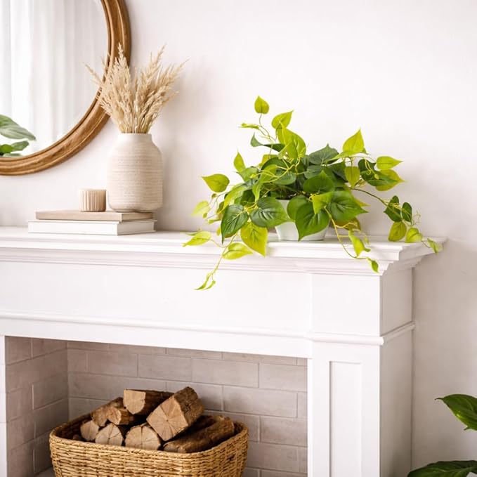 alyptus Fake Pothos Hanging Plants – Set of 2 Faux Ivy Vines Realistic Silk Devil’s Ivy for Indoor Décor, Low Maintenance Artificial Greenery for Home Bathroom or Office - Green with White Pots
