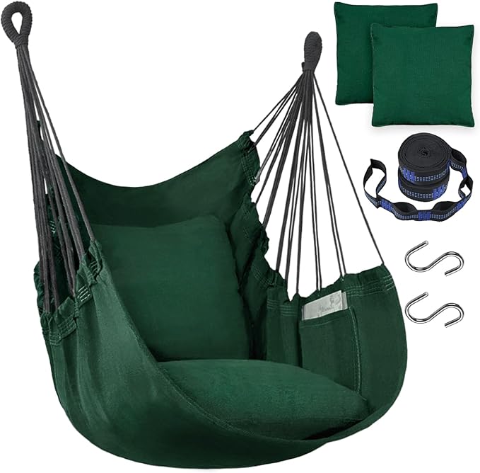 Halalona Hammock Chair Hanging Hammock Chair Rope Swing 2 Cushions Included-Sturdy & Durable Soft Cotton Hand Woven Hammock Swing for Bedroom, Porch, Patio-Indoor/Outdoor