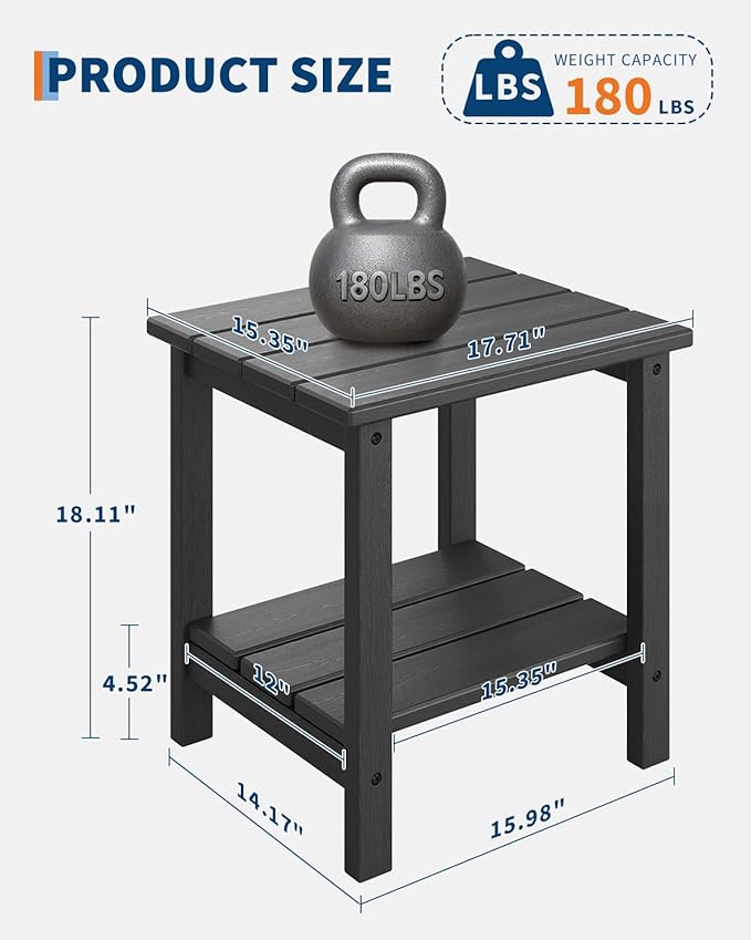 GarveeLife Adirondack Outdoor Side Table 18 x 15 in, HDPE 2-Tier Patio Side Tables for Outside, All-Weather End Table for Patio Pool Deck Indoor Backyard, Black