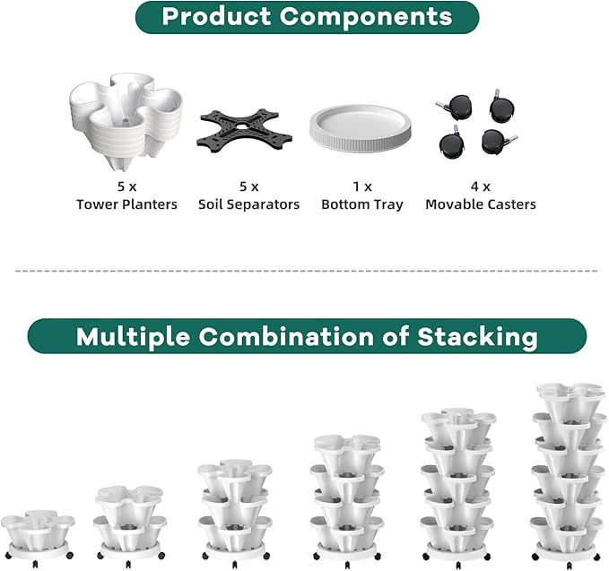 Strawberry Vertical Planters 5 Tiered, Stacking Tower Garden, Stackable Herb Vegetable Planters with Movable Casters and Bottom Saucer Indoor and Outdoor - White