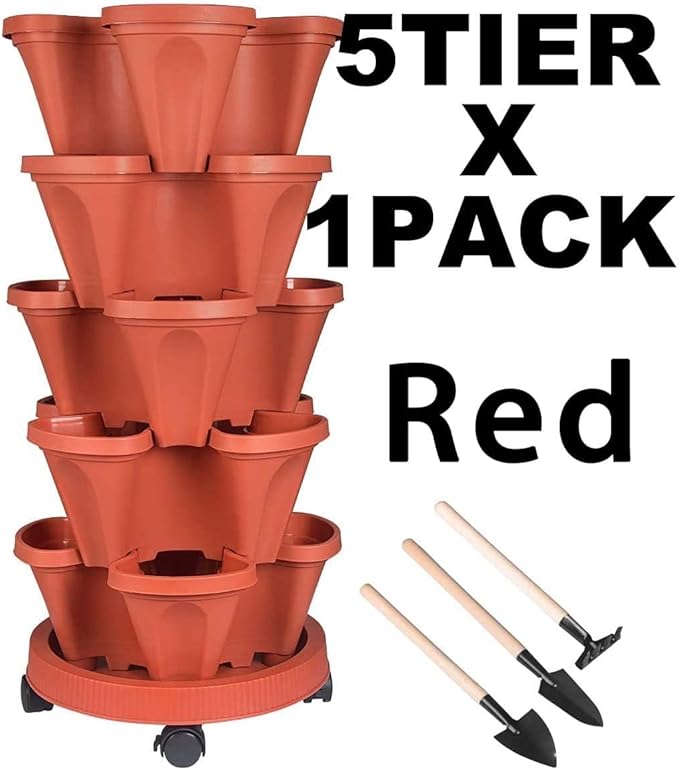 GameXcel Vertical Planter 5 Tier Stackable Planters Garden Planters Strawberry Herb Flower and Vegetable Planter Indoor Outdoor Gardening Pots with Removable Wheels and Tools - Red