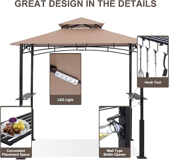 ABCCANOPY 8x5 Grill Gazebo - Outdoor BBQ Canopy Shelter with Led Light for Patio Backyard Grilling (Khaki)
