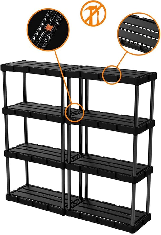 Gracious Living 2 Pack Light Duty Storage Shelves, Knect-A-Shelf 4-Shelf Ventilated Shelving Rack Organizer for Home, Garage, Basement & Laundry, Black