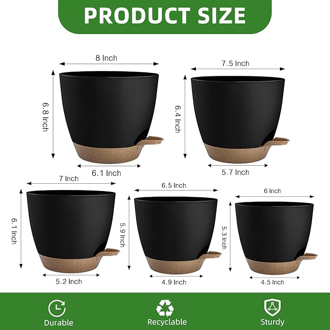 Plant Pots 8/7.5/7/6.5/6 Inch Self Watering Pots,5 Pack Planters with Drainage Holes and Saucers,Plastic Flower Pots,Nursery Planters for Indoor Outdoor Plants (Black)