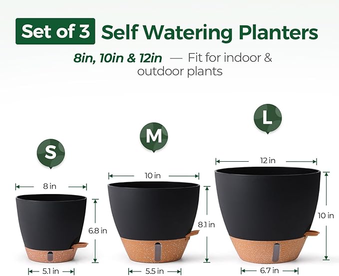 T4U 3 Pack Self Watering Pots (8"+10"+12") - Water Level Indicator & Deep Reservoir, Mess-Free Planters for Busy People, Beginners & Gardeners, Fits Pothos to Monstera, Indoor Outdoor Use (Black)
