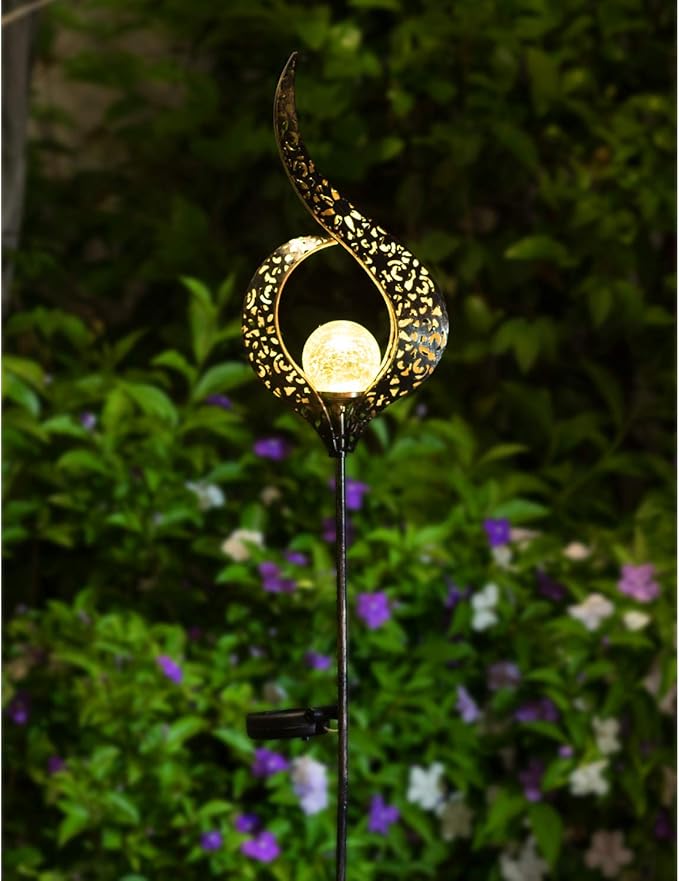 Outdoor Garden Gifts Solar Lights Stake Waterproof, Mothers Day Gifts Mom, Crackle Glass Metal Flower LED Yard Art Ornaments Lights for Pathway, Lawn or Courtyard, Birthday Gifts Women (Bronze)