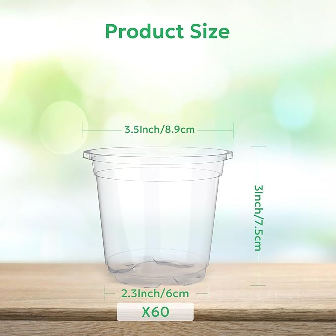60 Packs 3.5 Inch Reinforced Clear Nursery Pots with Drainage Holes, Transparent Plastic Plant Pot Seedling Planter for Vegetable Propagation, Root Cutting, Seed Starting