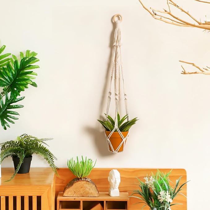 Artilady Plant Hanger Indoor Macrame Hanging Planters for Plants Holder Boho White Basket No Tassels Farmhouse Rustic Window Wall Decor (White Planter-1pcs)