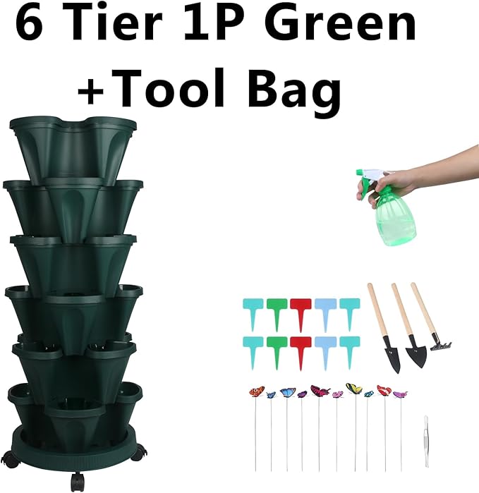 GameXcel Vertical Planter, 6 Tier Stackable Strawberry Planter with Garden Tool Set, Movable Indoor/Outdoor Garden Herb Pot for Growing Vegetables and Succulents, Green