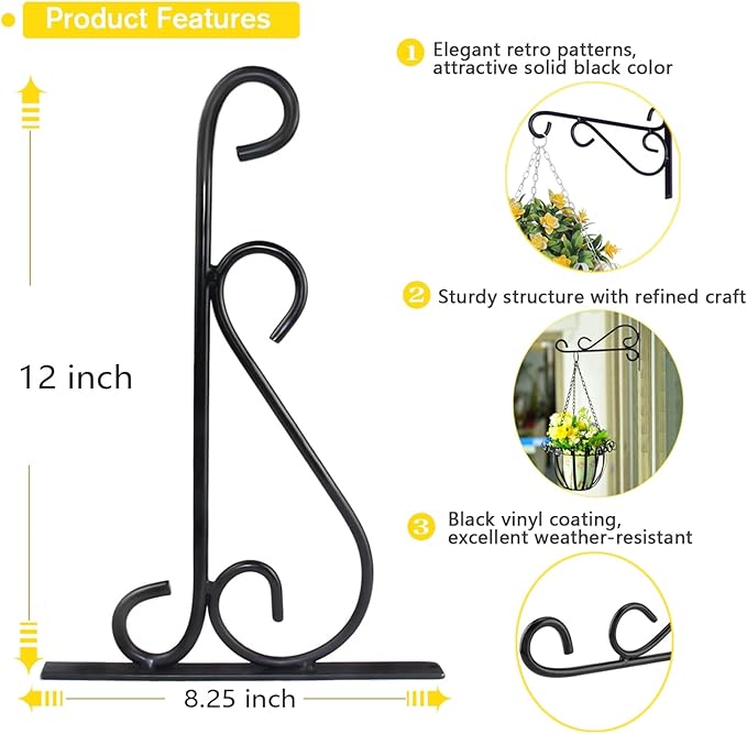 12 Inch Hanging Plant Bracket, Thick Solid Steel Wall Mount Bracket for Heavy Duty Decorations, Rust-Resistant Plant Hanger Hook for Planters, Wreaths, Fruit baskets, Wind Spinners, Lights, Lanterns