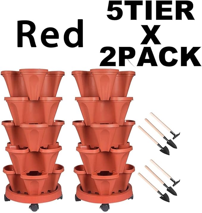 GameXcel Vertical Planter - 5 Tier Stackable Planter-Red 2 Pack