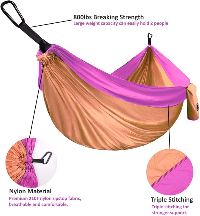 Gold Armour Camping Hammock - XL Double Hammock Portable Hammock Camping Accessories Gear for Outdoor Indoor with Tree Straps, USA Based Brand (Peach and Pink)