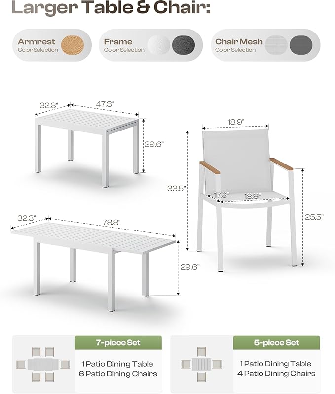 All-Aluminum Expandable Outdoor Patio Dining Table for 4-8 Person, All-Weather Rectangular Outdoor Table(48"-79") with Smooth Cilde Rails & Secure Locking Handle for Garden, Indoor, White