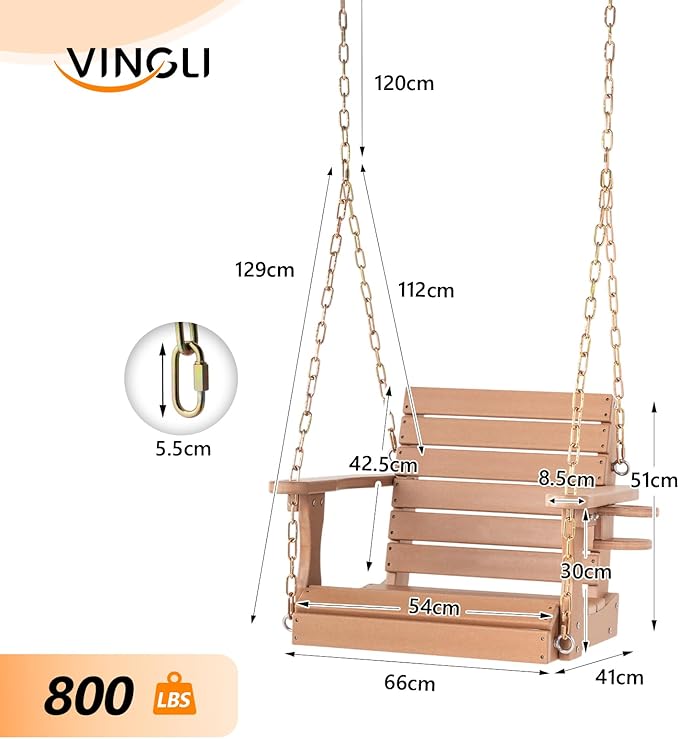 VINGLI Heavy Duty 880 LBS HDPE Porch Swing Outdoor with Rotatable Cup Holder, with Adjustable Chains, 1 Person Hanging Porch Swing Chair for Porch, Yard, Tree, Garden - Teak
