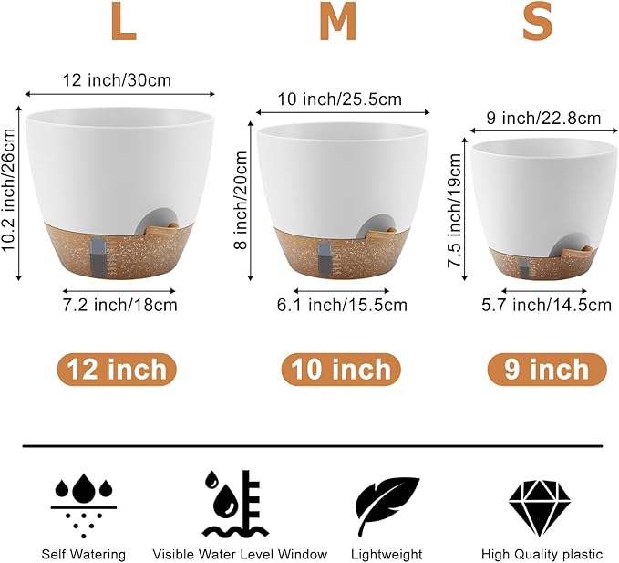 Self-Watering Plant Pots with Water Level Indicator, Drainage Holes & Saucers – 12/10/9 Inch Large Plastic Planter Set for Indoor & Outdoor Plants (White)
