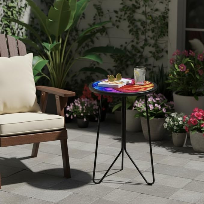LIFFY Patio Side Tables,12" Metal Outdoor Side Table with Colorful Glass Tabletop,Small Round Decorative Metal End Table & Plant Tables for Home Garden Yard Balcony