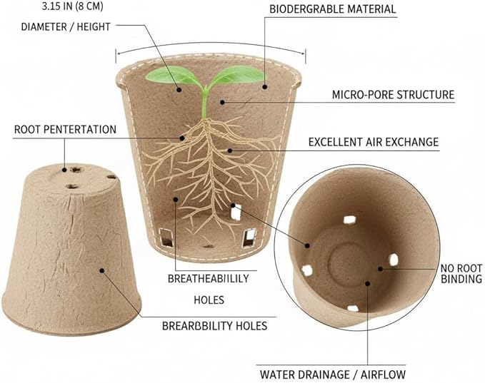 Peat Pot, 126 Packs 3.15 Inch Seed Starting Pots with Drainage Holes Round Nursery Pot, Biodegradable Round Plant Seed Starter Peat Pots Germination Seedling Trays