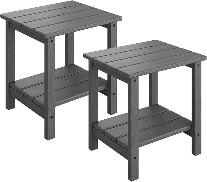 GarveeLife Outdoor Side Table 2-Tier, 18 in HDPE All Weather Resistant Patio Side Tables for Outside, End Table for Patio Pool Deck Indoor Backyard, Grey-2Pcs