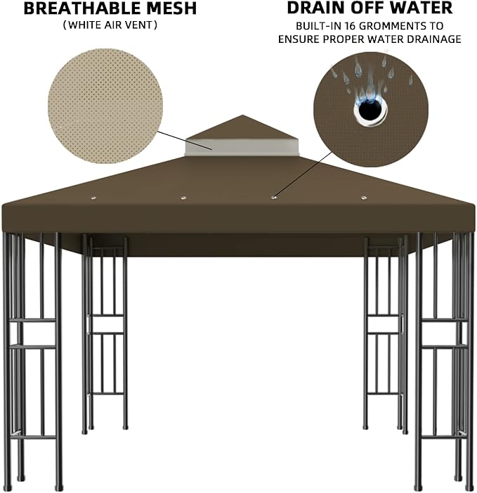Sumfaller 10x10 FT Gazebo Replacement Canopy Top Cover Double Tiered Canopy Top Cover for Outdoor BBQ Roof Cover Grill Shelter (Dark Brown)