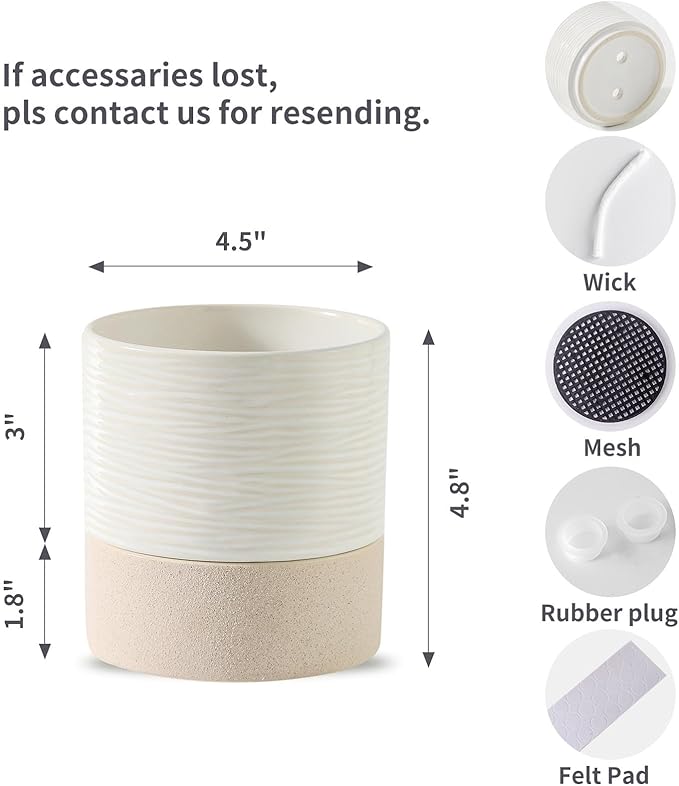 Nihow Self Watering Plant Pot for Indoor Plants: 4.5 Inch Ceramic Planter with Drainage Hole & Water Storage Plus - Cylinder Flower Pot with Wick for Herbs -White & Brown (Set of 2)