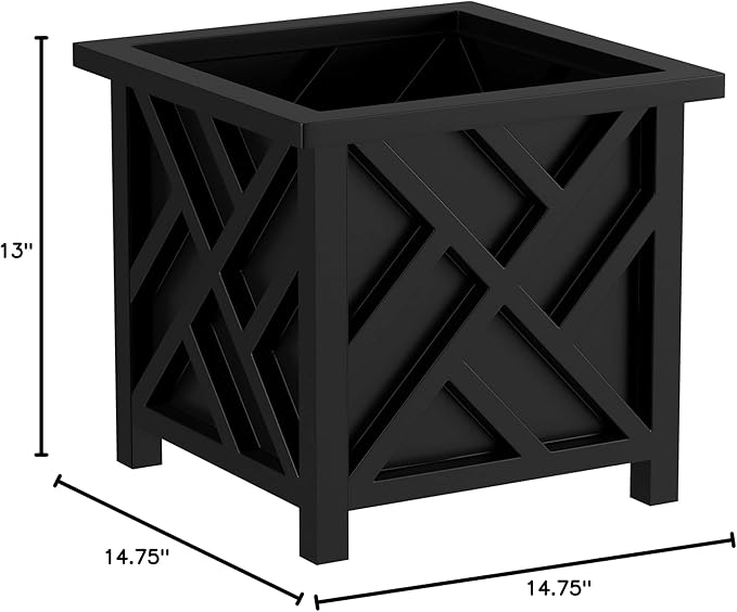 Lattice Design Outdoor Planter Box - 14.75” Square 13” Tall Black Plant Pot - Decorative Plant Pots for Front Porch Decor - Flower Pots Outdoor Planters for Porch Patio or Garden Decor by Pure Garden