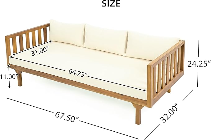 Merax Outdoor 3 Seater Daybed, Acacia Wood Day Bed Couch Sofa with Cushions for Patio Backyard, Garden, Beige