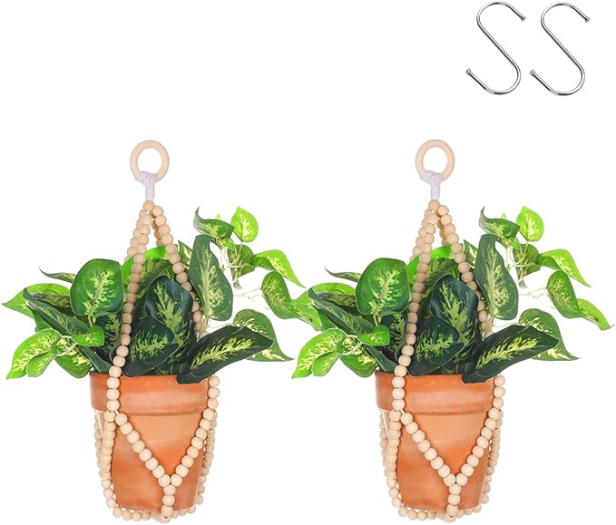 Artilady 2 Pack Beaded Plant Hanger Indoor - Macrame Hanging Planters for Plants Holder No Tassels with Wooden Beads Boho Farmhouse Rustic Home Decor (Wood Color Bead-2pcs)