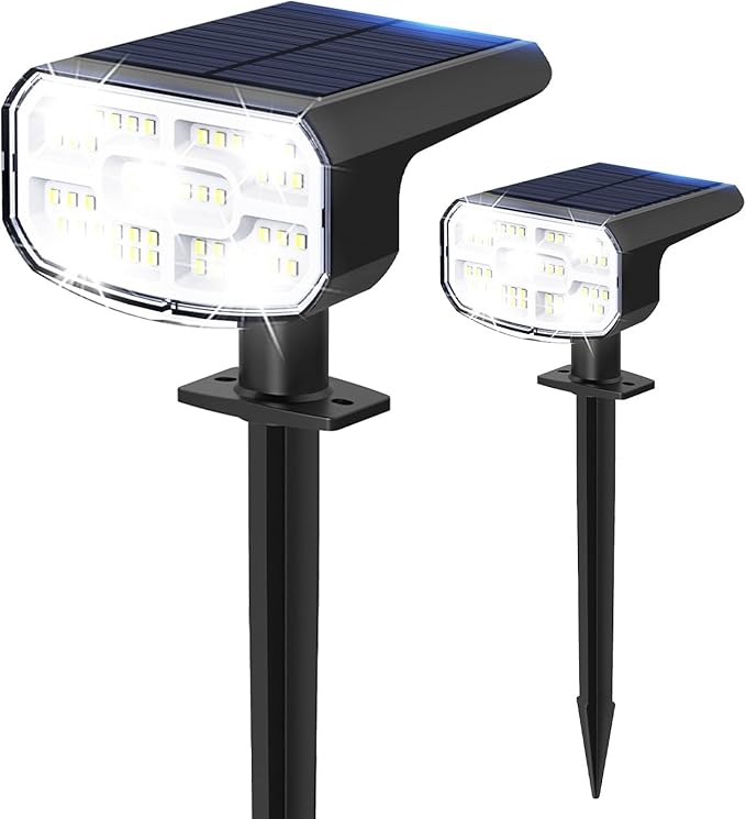 Solar Lights Outdoor Waterproof IP65, Super Bright LED, 6500K 2 Lighting Modes, Solar Powered Yard Garden Solar Spot Lights for Outside Landscape Auto On/Off -2 Pack