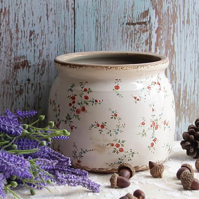 Cottagecore Ceramic Plant Pots, 6.29in French Country Floral Vase & Planters Indoor with Drainage, Distressed Cottage Farmhouse Home Decor for Balcony Bookshelf Table Centerpieces, Gifts for Grandma