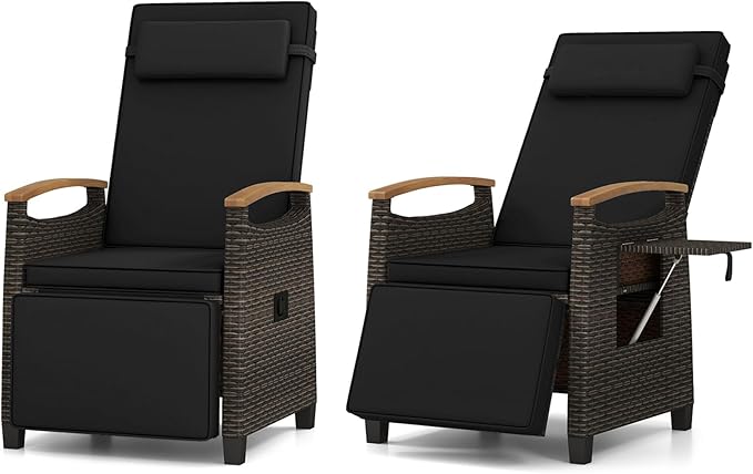 RELAX4LIFE Rattan Outdoor Recliner Chair - Wicker Chaise Lounge Chair w/Adjustable Back & Footrest, Acacia Wood Armrests, Flip Side Table, Cushion, Reclining Patio Chair for Pool Yard (2, Black)
