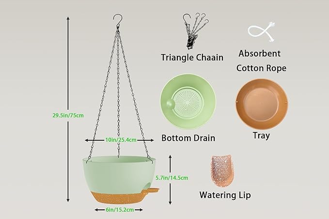 Hanging Planters, 3-Pack 10 Inch Self-Watering Pots with Drainage Holes and Chains, Matte Plastic Planters for Indoor/Outdoor Plant（Green Brown）