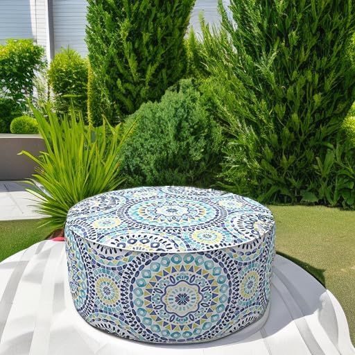 LVTXIII Indoor/Outdoor Inflatable Ottoman with Handle D21 x H9 Inch, Weather-Resistant Round Footstool Pouf for Patio Camping Living Room, Portable Footrest Extra Seating, Delancey Lagoon