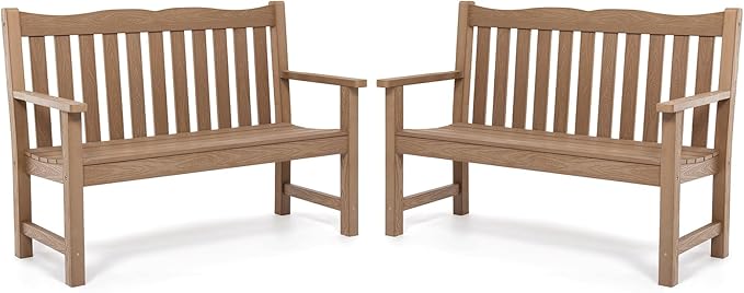 Stoog Outdoor Benches Set of 2, 2-Person Poly Lumber Garden Bench with Real Wood Look, Never Fade & Rust-Proof, All-Weather for Patio, Porch, Deck, and Backyard, Teak