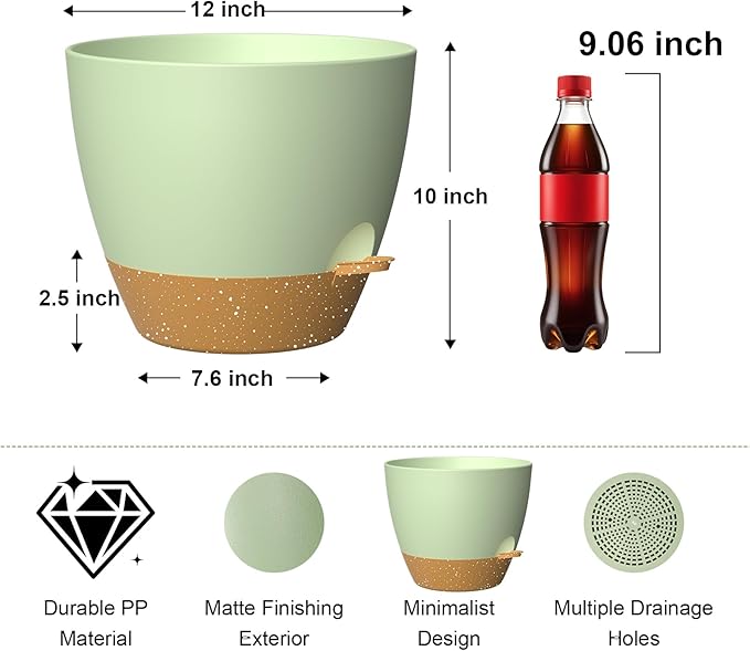 12 Inch Large Self Watering Pots, Flower Pots with Multi-Mesh Drainage Holes and Saucer, Planters for Indoor and Outdoor Garden Plants (Green with Brown)