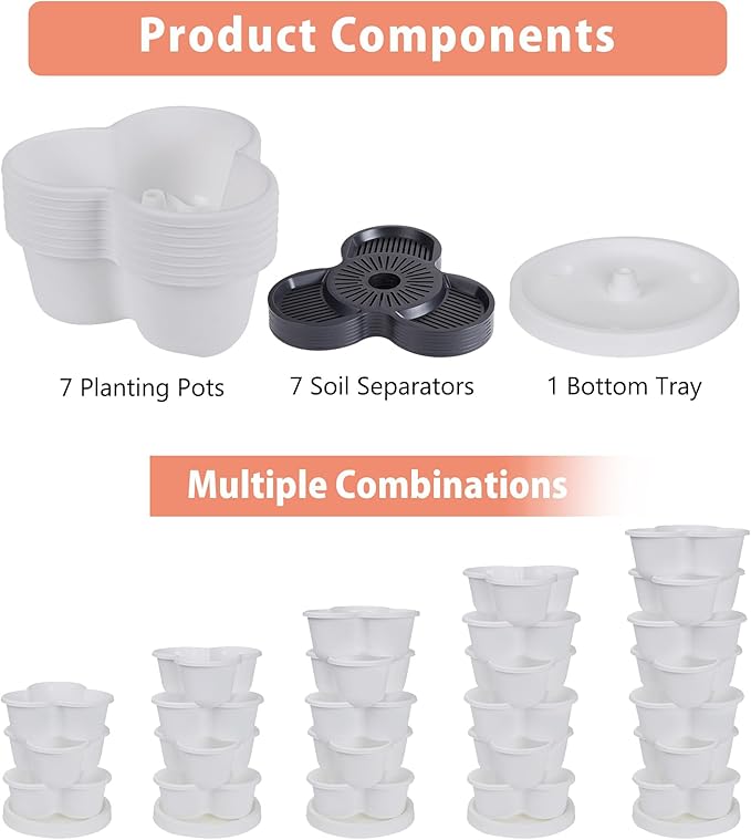 VECELO 7 Tier Vertical Garden Planter, Self Watering Stackable Planters with Wheels for Strawberries, Herbs, Flowers, Vegetables, White