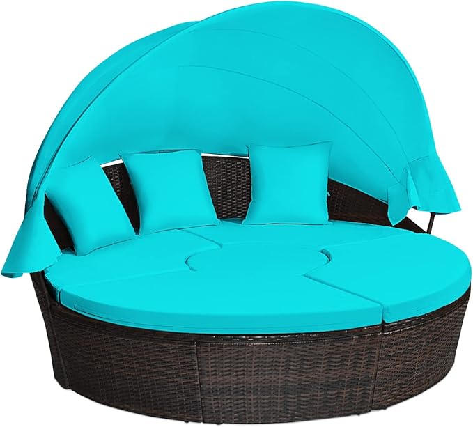 Tangkula Patio Round Daybed with Retractable Canopy, Outdoor Wicker Rattan Furniture Sets, Sectional Cushioned Sofa Set w/Height Adjustable Coffee Table, Rattan Conversation Sets (Turquoise)