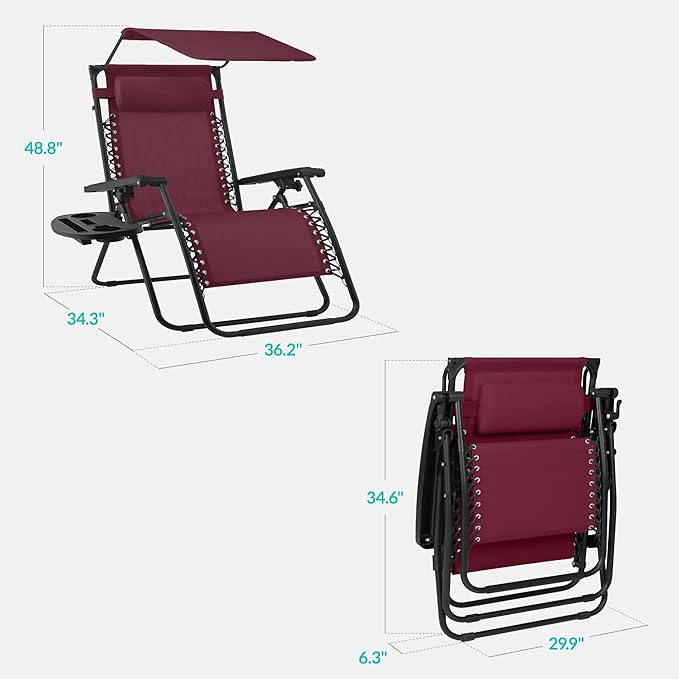 Best Choice Products 30” Wide Folding Zero Gravity Outdoor Recliner Patio Lounge Chair w/Adjustable Canopy Shade, Headrest, Side Accessory Tray - Burgundy