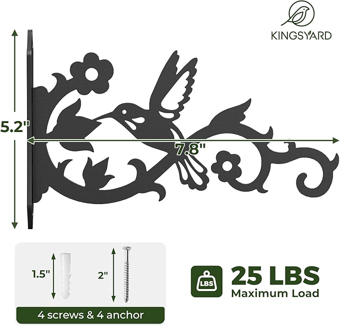 Kingsyard 2-Pack Wall Plant Hangers Outdoor Indoor, 8 Inch Heavy Duty Solid Metal Brackets with Bird Design, Anti Rust Plant Hooks for Plants, Bird Feeders, Lanterns, Wind Chimes, Hummingbird Design