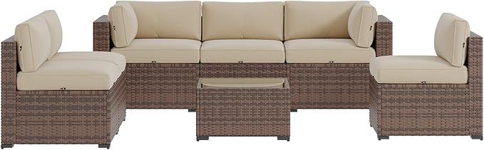 Aoxun Patio Furniture Sets, 7-Piece Outdoor Patio Furniture with Thick Cushions, Wicker Outdoor Conversation Set Sectional Sofa for Backyard, Poolside, Garden(Cream-Browm, 7 x 25.6 - Seats)