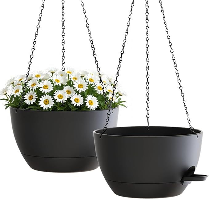 2 Pack 10 Inch Self Watering Hanging Planters for Indoor Plants, Large Black Plastic Hanging Pots with Chains for Outdoor Patio Garden Home Decor (Black)