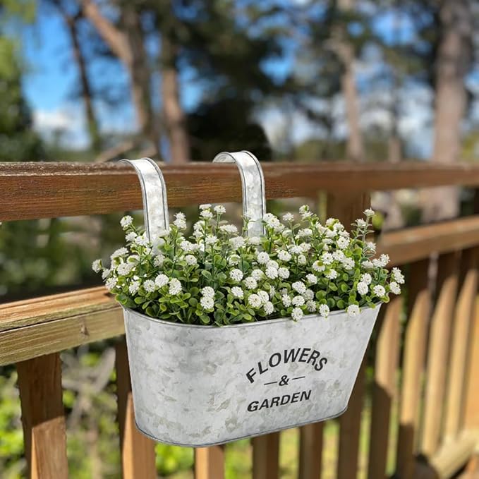 Briful 10'' Hanging Planter Outdoor 5PCS Metal Railing Planter for Herb Flower, Oval Galvanized Buckets with Detachable Hooks, Garden Fence Balcony Windowsill Hanging Pot, Silver